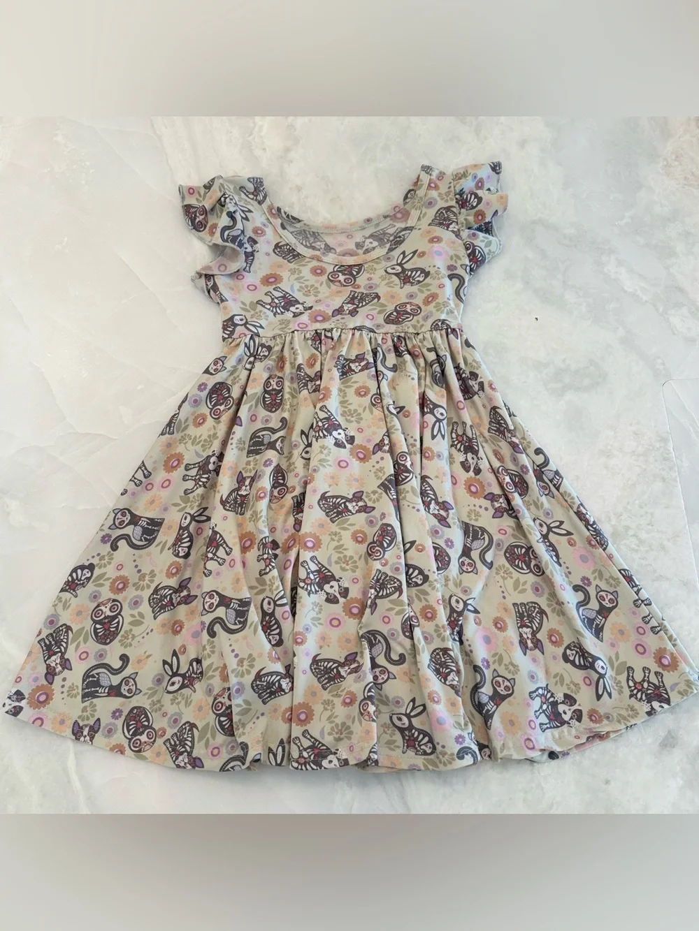 DotDotSmile Girls 3/4 Twirl Dress Sugar Skull Animals Floral Flutter Sleeve